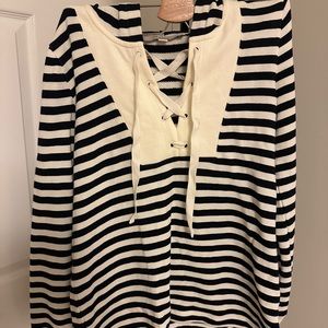 LOFT Navy & White/Ivory Striped Lace Up Hooded Sweatshirt - SIZE MEDIUM